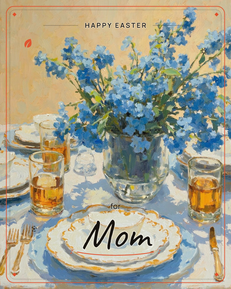 A sunlit dining table is set with gold-rimmed white plates, glasses of amber drink, and a glass vase overflowing with sprays of small blue flowers, a easter e-card design