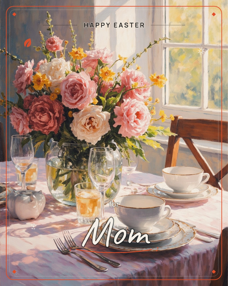 A sunlit dining table is set for tea, with a glass vase of pink and cream roses and sprays of yellow blossoms as the centerpiece, a easter e-card design