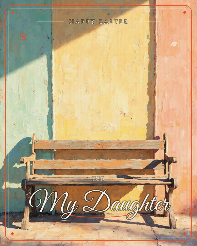 A weathered wooden bench with iron armrests sits empty against a wall painted in three broad bands of seafoam, mustard yellow, and coral, a easter e-card design