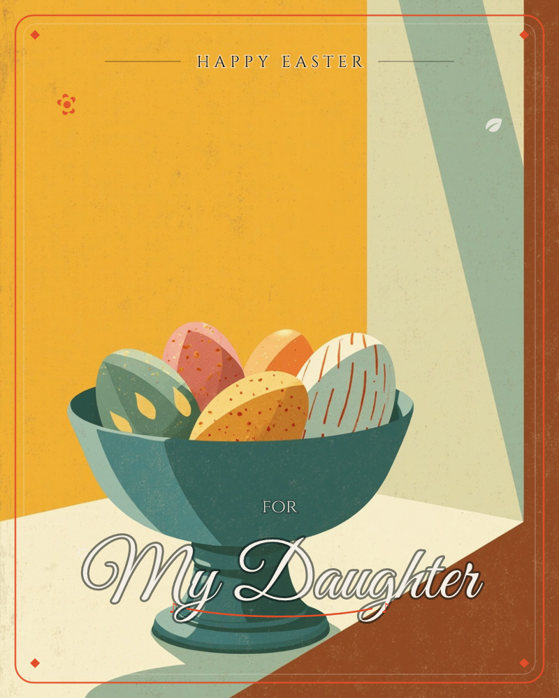 A teal pedestal bowl holds a cluster of patterned Easter eggs, speckled, striped, and spotted in coral, mustard, and sage, sitting on a cream…, a easter e-card design
