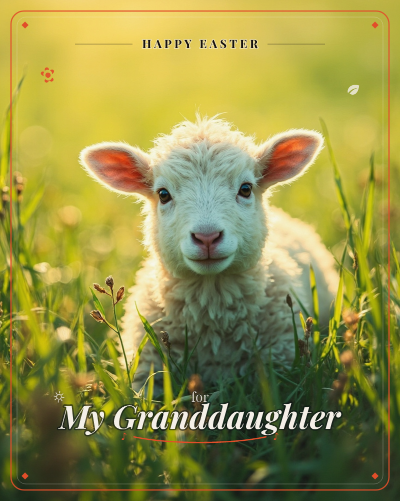A woolly white lamb sits low in tall spring grass, its pink-lined ears glowing as sunlight filters in from behind, a easter e-card design