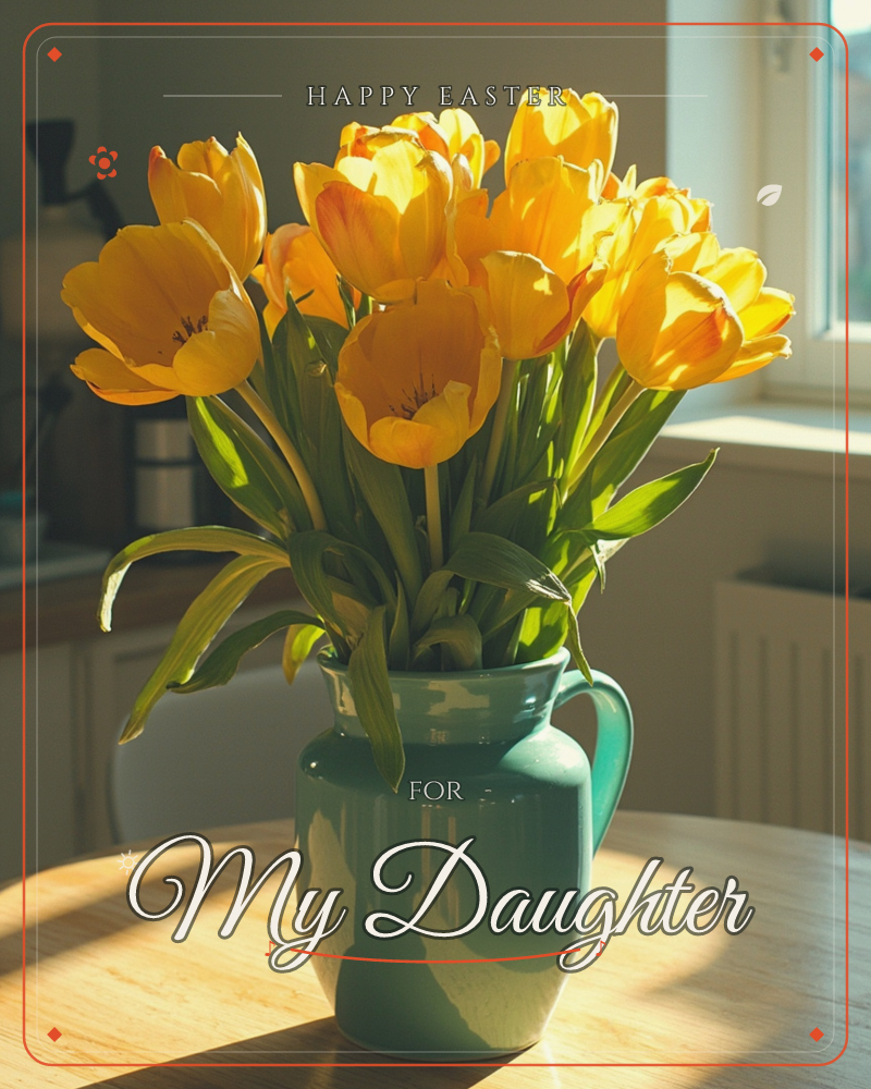 A bunch of golden-yellow tulips sits in a teal ceramic jug on a wooden kitchen table, caught in a warm shaft of afternoon sunlight from the window behind, a easter e-card design