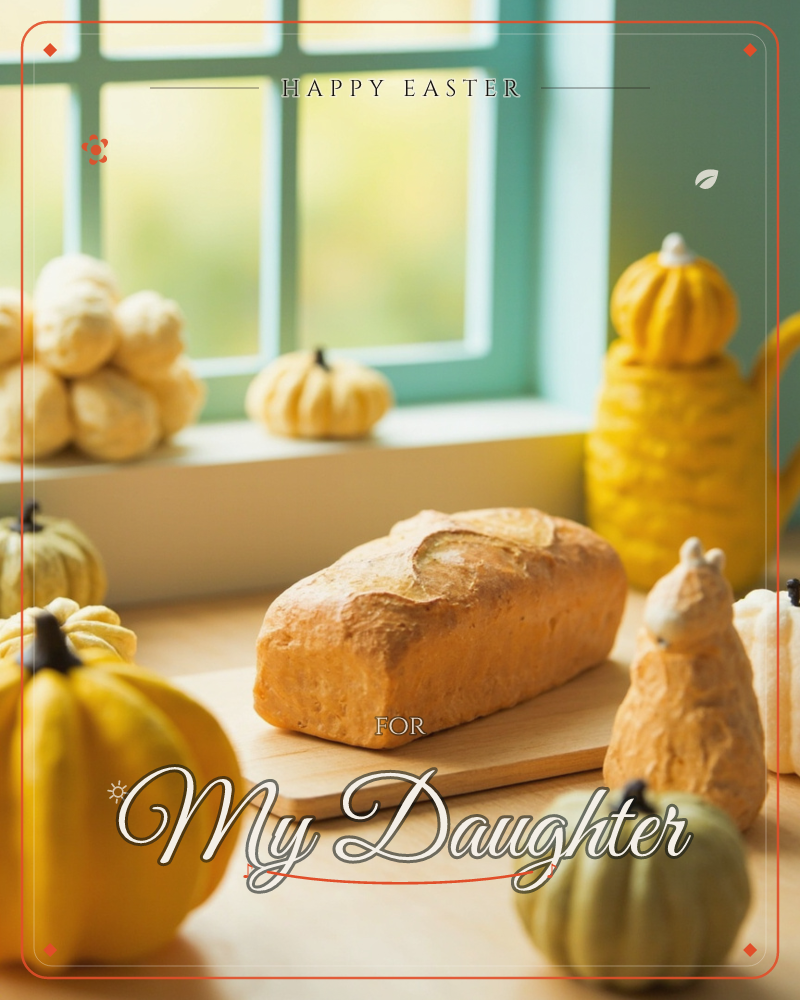 A freshly baked loaf of bread sits on a wooden board beside a windowsill scattered with small ornamental pumpkins in cream, gold, and sage green, a easter e-card design