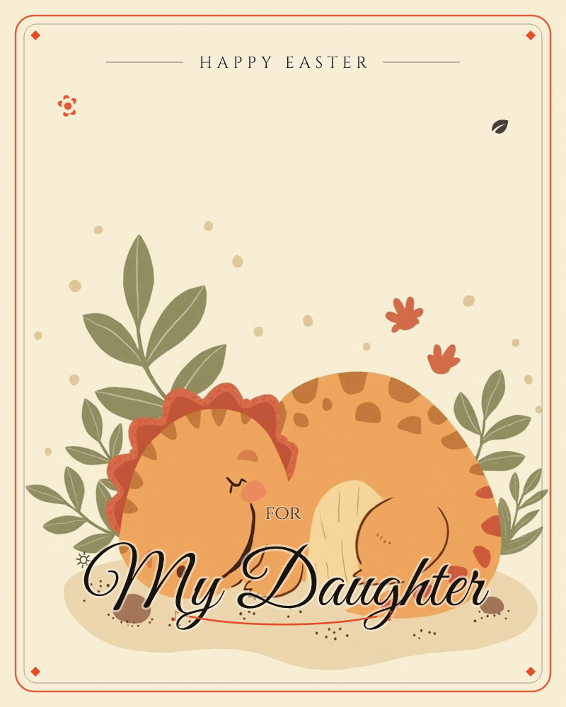 A round, orange dinosaur curls up asleep on a sandy patch, its spiky red crest and speckled belly tucked into a peaceful ball, a easter e-card design