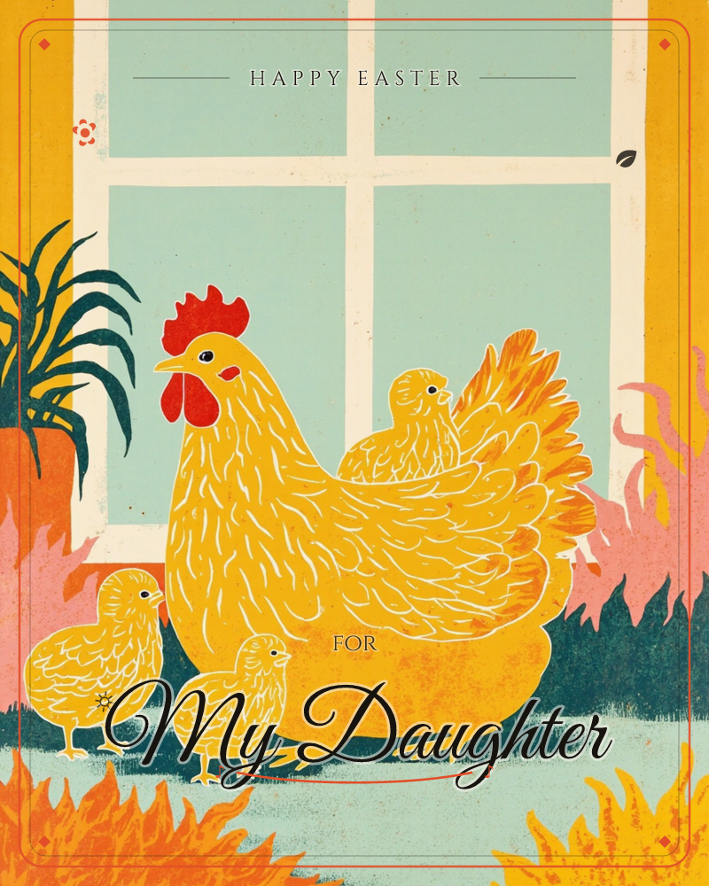 A golden hen with a bright red comb sits proudly in front of a pale blue windowpane, one chick perched on her back and three more clustered around her…, a easter e-card design