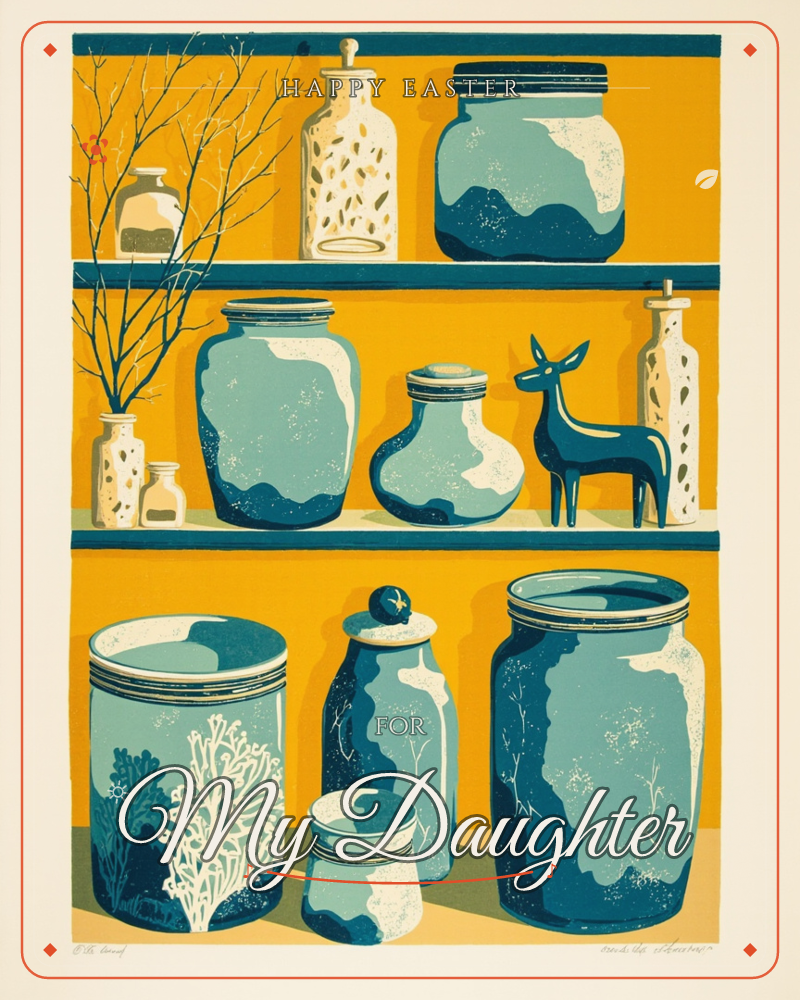 A print of three shelves against a mustard-yellow wall, crowded with teal and cream ceramic jars, jugs and canisters, along with a small deer figurine…, a easter e-card design