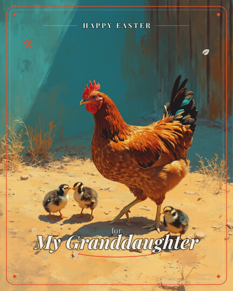 A russet hen with an iridescent tail struts across sun-baked dirt beside a weathered turquoise wall, three fluffy chicks trailing at her feet in the…, a easter e-card design