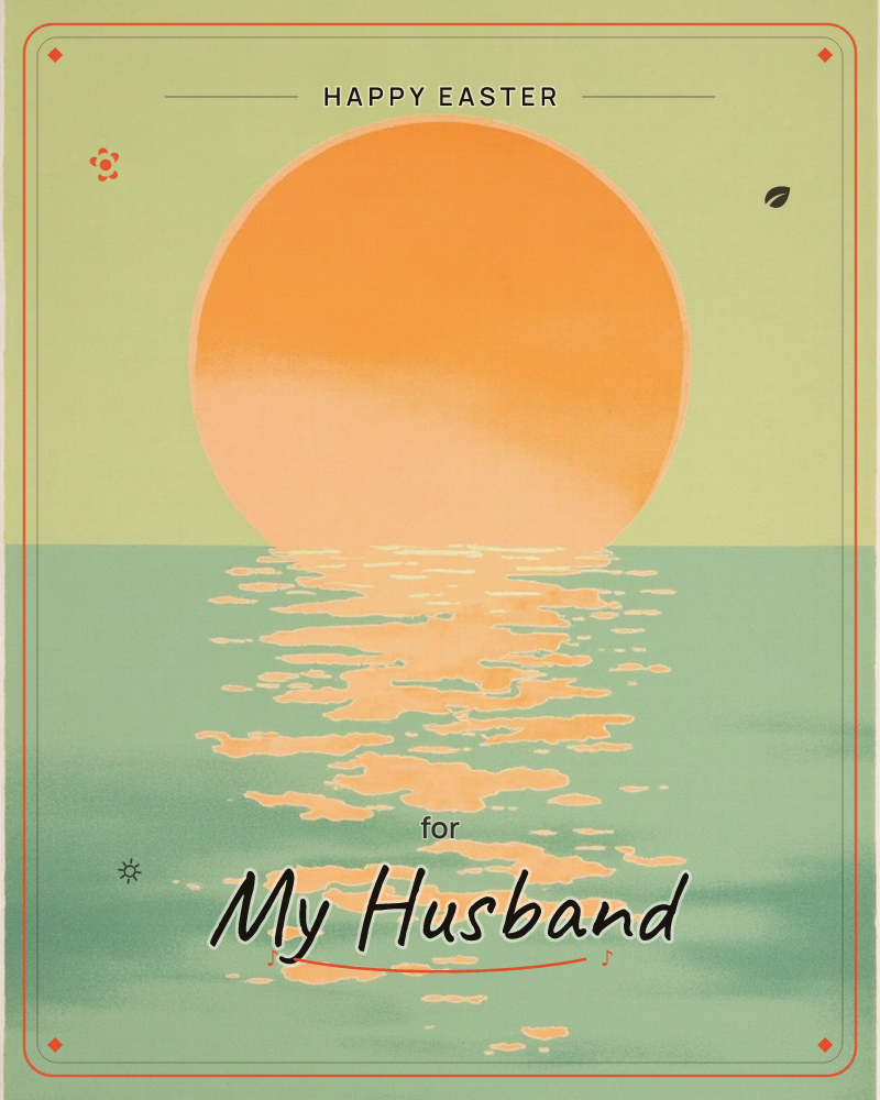 A large orange sun sits low against a soft chartreuse sky, its glow melting into pale peach as it meets a sage-green sea, a easter e-card design