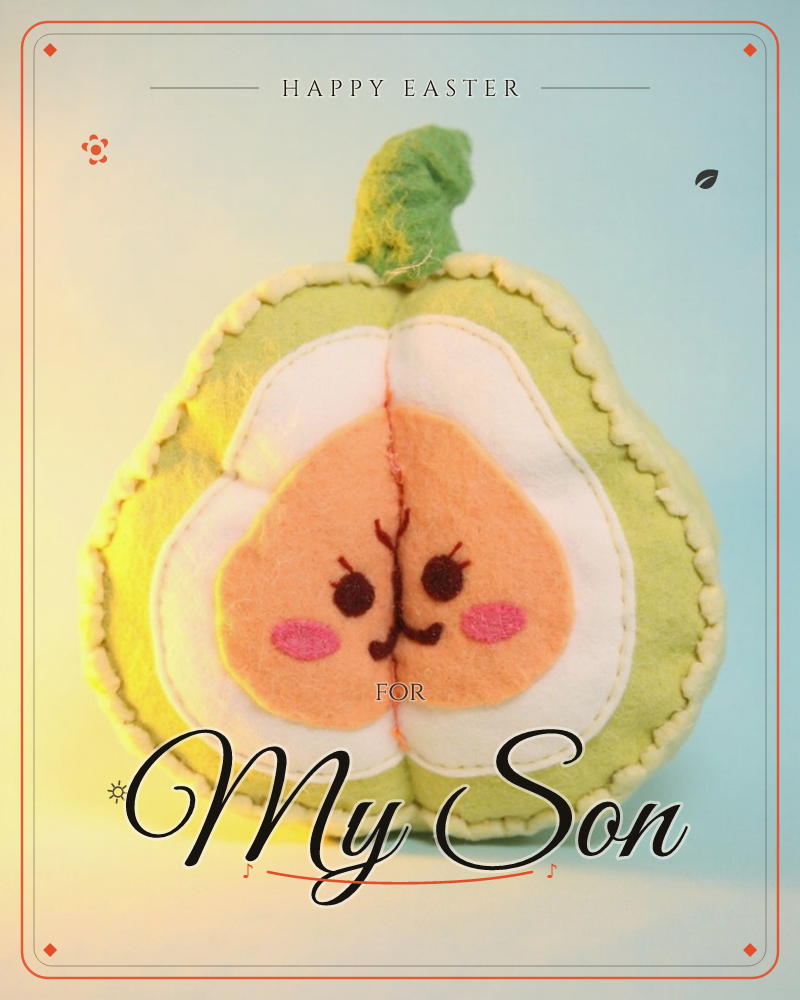 A handmade felt plushie shaped like a halved pear sits against a soft blue background, its layers of green, cream and peach felt stitched together with…, a easter e-card design