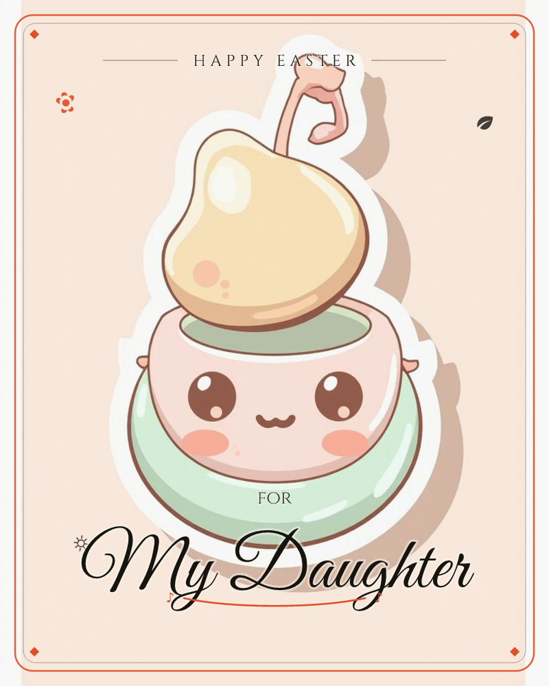 A kawaii-style teacup with a rosy blushing face sits on its saucer, topped with an oversized cream-coloured pear balanced like a lid, its stem curling…, a easter e-card design