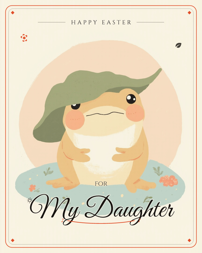 A round-bellied frog sits primly on a pale blue mat scattered with tiny flowers and leaves, a broad green leaf perched on its head like a hat, a easter e-card design