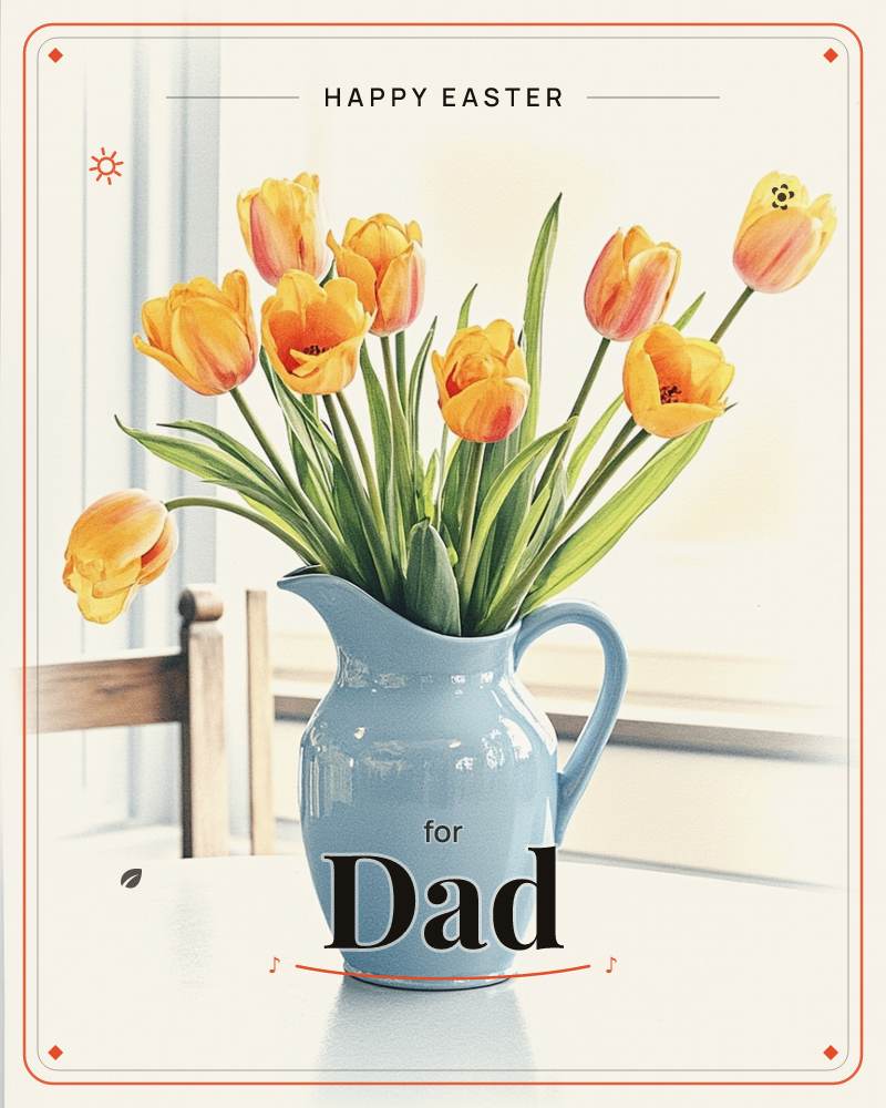A glazed pale blue pitcher holds a loose bunch of orange and yellow tulips, standing on a white tabletop near a sunlit window, a easter e-card design