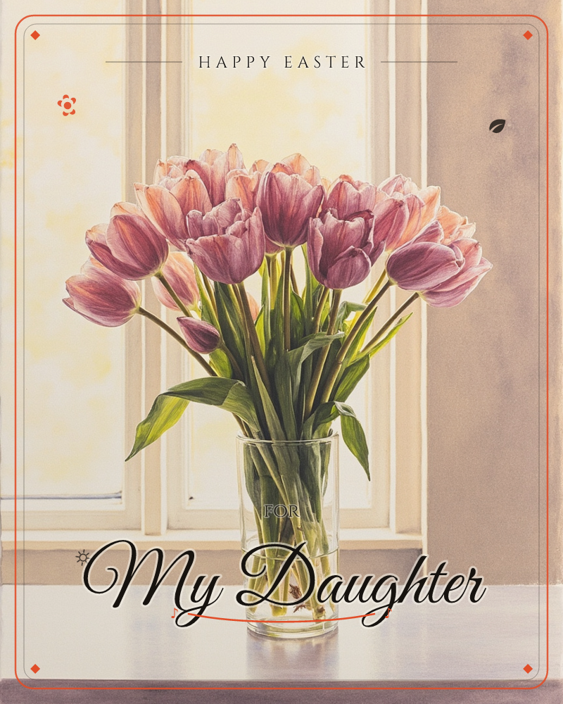 A glass vase crowded with pink and mauve tulips stands on a pale windowsill, backlit by soft golden light through a paned window, a easter e-card design