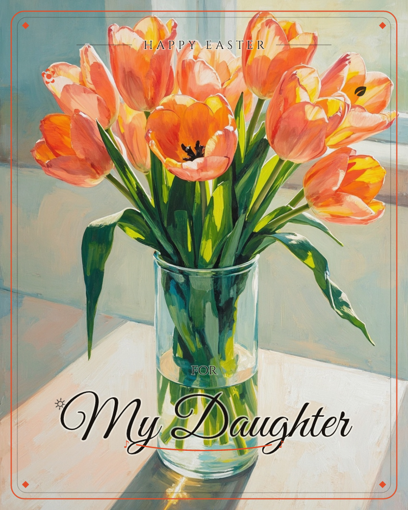 A generous bunch of orange and coral tulips leans in every direction from a clear glass vase, sitting on a pale tabletop by a window, a easter e-card design