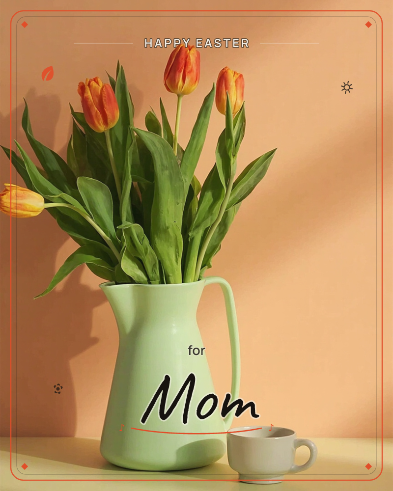 A mint-green pitcher holds a loose bunch of orange and yellow tulips, their long leaves fanning out against a warm peach-coloured wall, a easter e-card design