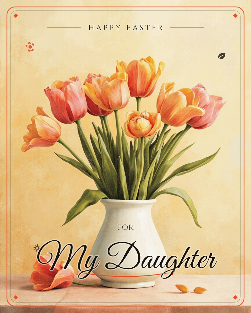 A white ceramic vase holds a bunch of coral and orange tulips, their long green stems arching over the rim, set against a warm mottled golden-yellow wall, a easter e-card design