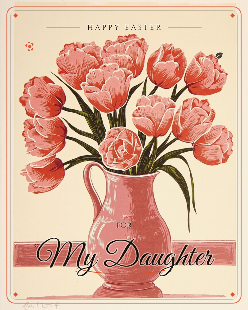 A generous bunch of full-blown pink tulips crowds a rounded pink jug, their dark green stems crossing loosely above the rim, a easter e-card design