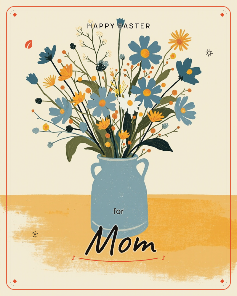 A two-handled blue stoneware jug sits on a warm mustard tabletop, overflowing with a wild bouquet of daisies, cornflowers and sprigs of seedheads in…, a easter e-card design