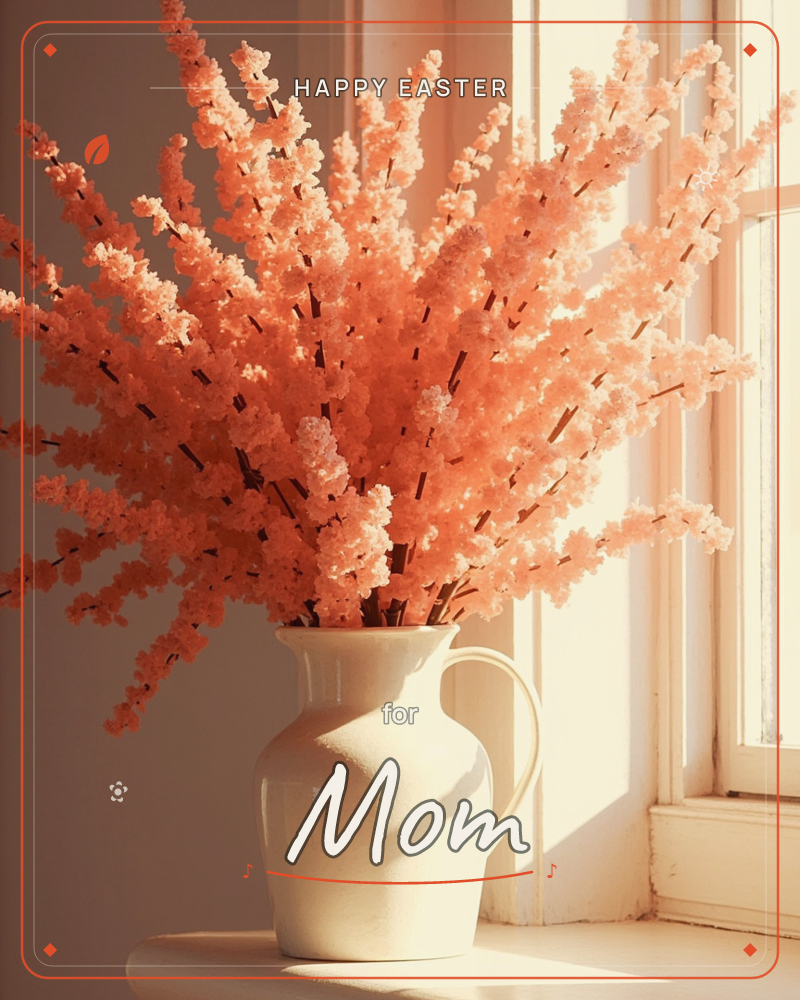A cream ceramic pitcher overflows with sprays of coral-pink blossom, fanning out like a firework beside a sunlit windowpane, a easter e-card design