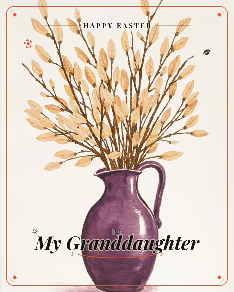 A glossy purple pitcher holds a tall spray of slender branches lined with golden-amber leaves, fanning out against a plain cream background, a easter e-card design