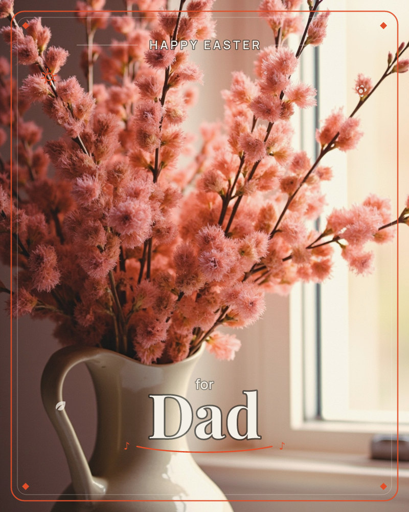 A pale ceramic pitcher holds tall sprays of fluffy pink blossom, set on a windowsill catching soft afternoon light, a easter e-card design
