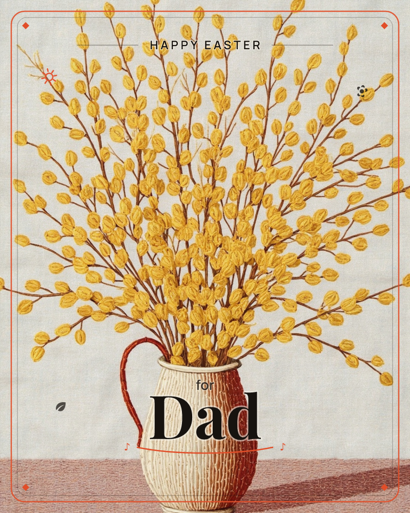 A textured pitcher in cream and rust holds a wide burst of golden budded branches, their thin brown stems fanning out like fireworks against a pale…, a easter e-card design
