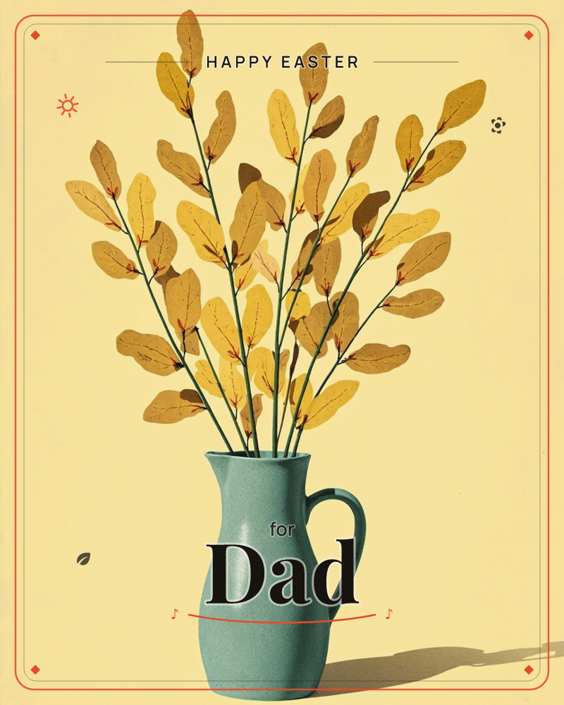 A teal ceramic pitcher holds a tall bunch of leafy branches with golden-yellow and brown mottled leaves, set against a flat pale-yellow background, a easter e-card design