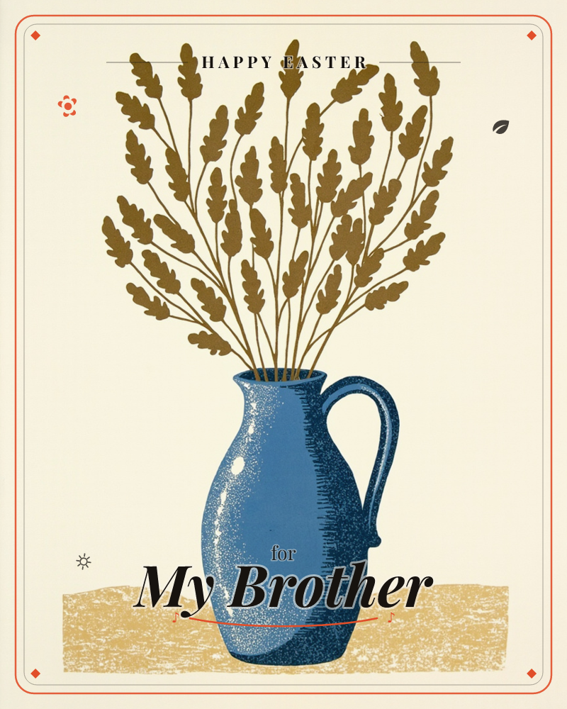 A blue stoneware pitcher sits on a mustard-toned surface, filled with tall sprigs of olive-brown leaves fanning out in a wide arc against a cream…, a easter e-card design