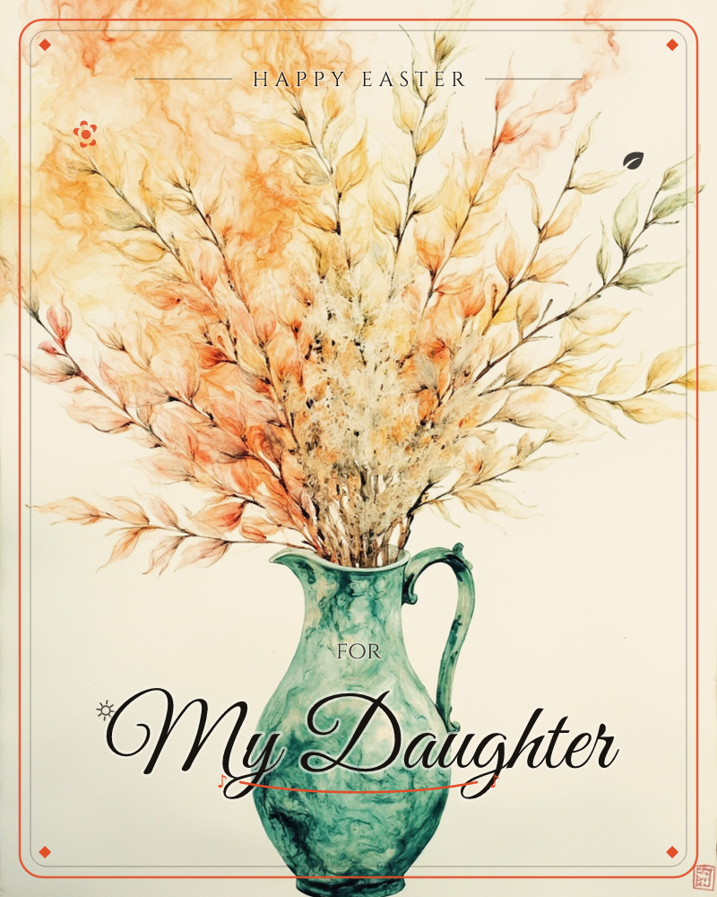 A weathered green pitcher holds a spray of autumn branches, their leaves fading from rust orange at the tips into soft gold and cream near the stems, a easter e-card design