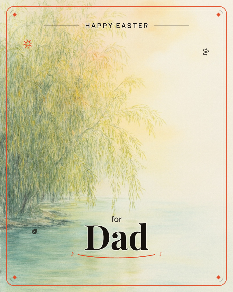 A weeping willow leans over a still lake, its trailing branches nearly touching the water's surface in soft focus, a easter e-card design