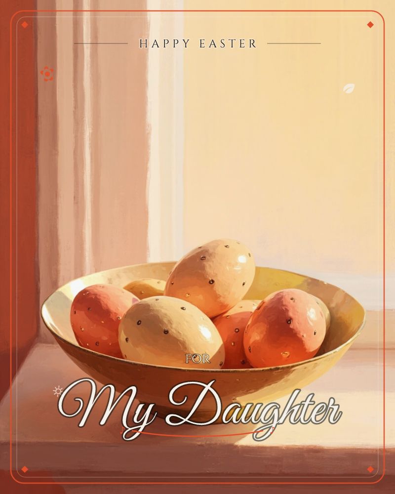 A brass bowl of speckled potatoes sits on a warm terracotta windowsill, sunlight falling in a soft golden wash across the wall and glass behind it, a easter e-card design