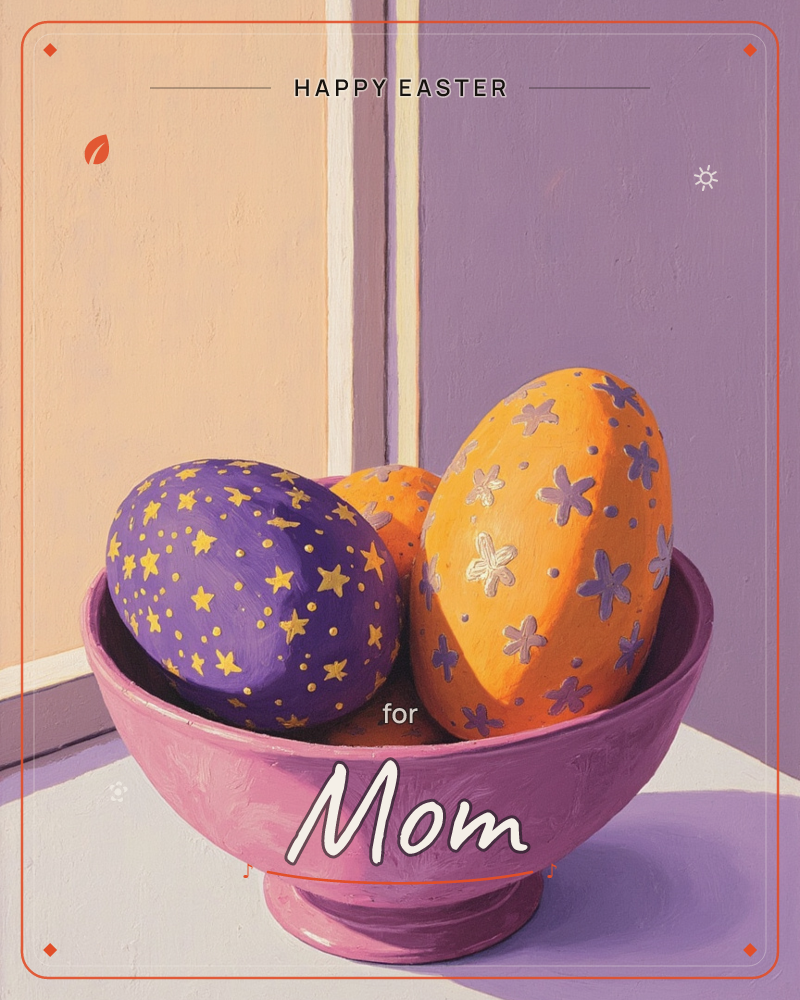 A pink pedestal bowl holds three oversized decorated eggs, one deep purple with gold stars, one bright orange with silver flowers, set against a flat…, a easter e-card design