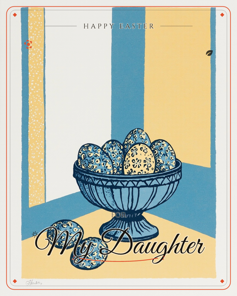 A pedestal bowl sits piled high with patterned eggs speckled in leopard-like spots, two more eggs resting on the floor beside it, a easter e-card design