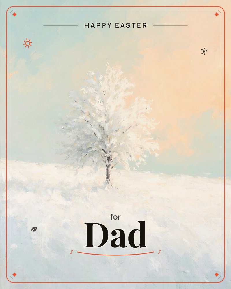 A single frost-covered tree stands alone on a snow-drifted hill, its pale branches glowing against a soft sky washed in peach and powder blue, a easter e-card design