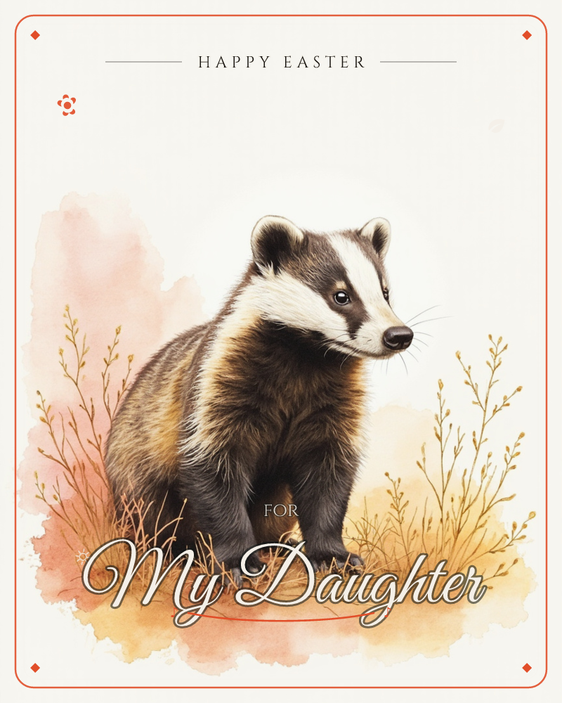 A watercolour badger sits amid wispy autumn grasses and dried seed heads, its striped face turned in profile against a soft peach and gold wash, a easter e-card design