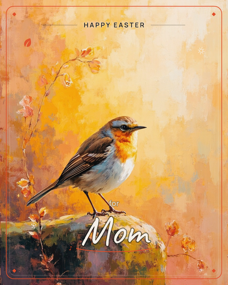 A small robin-like bird with a warm orange throat and soft grey-blue crown perches on a moss-topped rock, painted with loose, glowing brushstrokes, a easter e-card design
