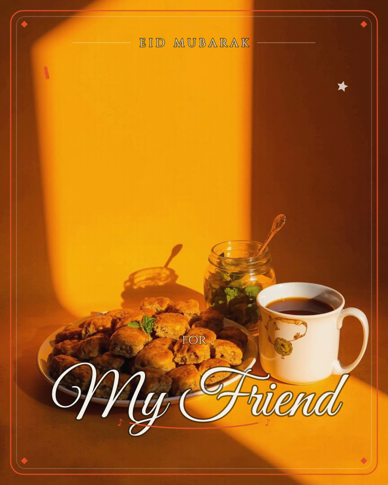 A plate piled with pastries sits bathed in deep amber light, next to a jar of mint leaves with a spoon resting in it and a patterned mug of dark tea, a eid e-card design