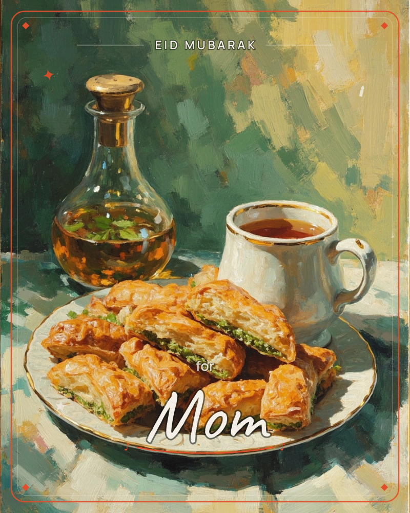 A still life painting shows a plate piled with flaky pastry triangles filled with herbs, set beside a white teacup of dark tea and a glass carafe of…, a eid e-card design