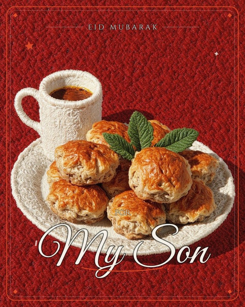 A textured white plate is piled high with golden, flaky pastry bites, garnished with a small sprig of green leaves, next to a matching mug of dark tea…, a eid e-card design