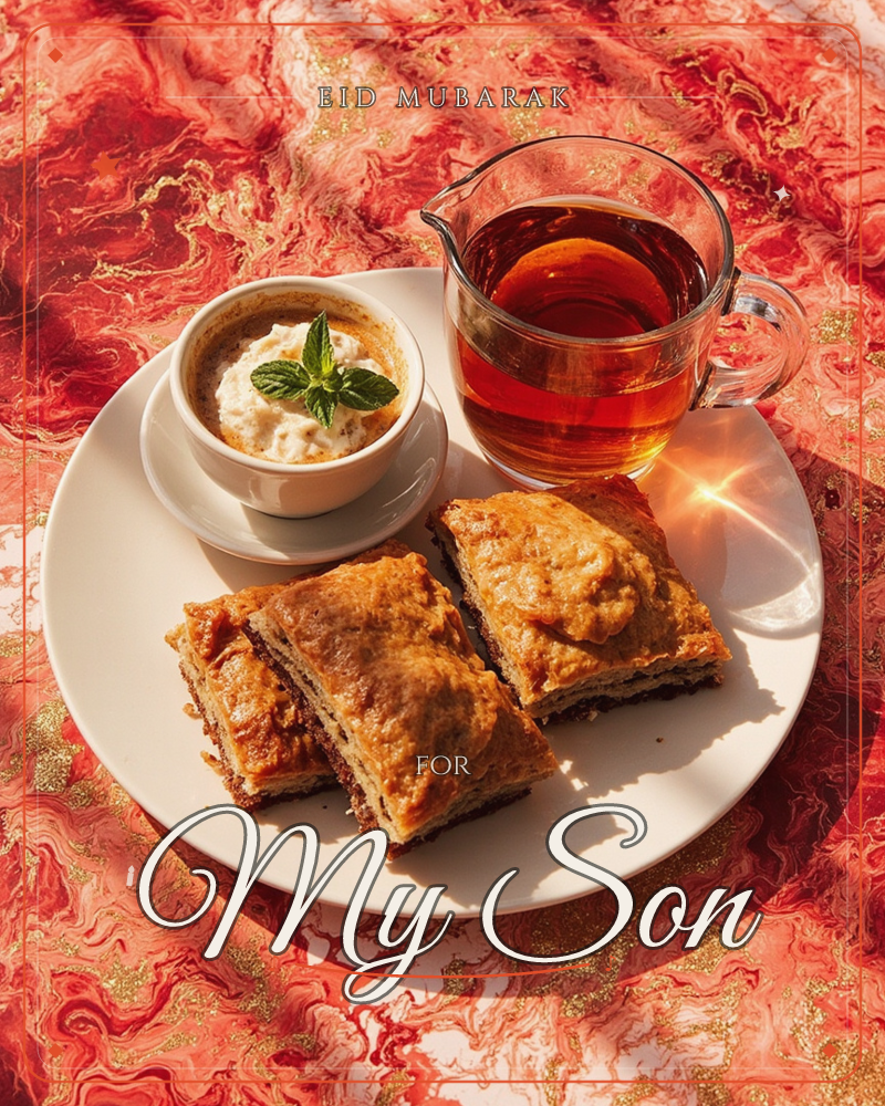 A white plate holds golden pastry squares alongside a small bowl of coffee topped with whipped cream and fresh mint, plus a glass cup of amber tea…, a eid e-card design
