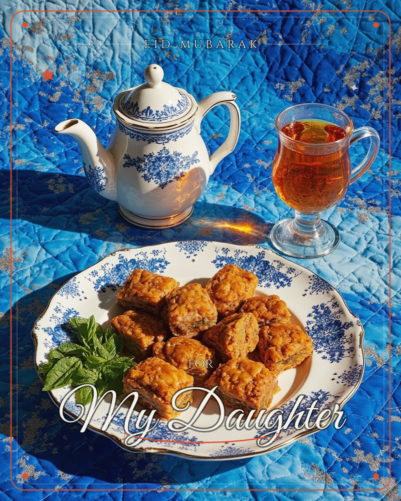 A blue and white porcelain teapot and matching plate of golden baklava squares sit on a quilted blue fabric, with a glass mug of amber tea beside them…, a eid e-card design
