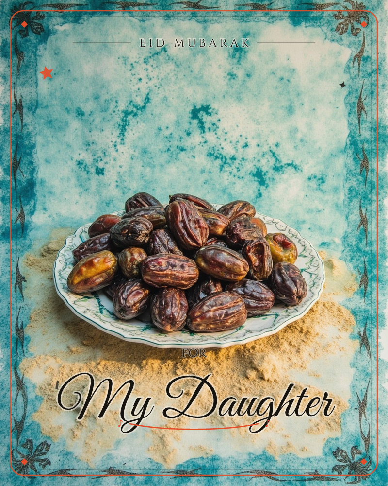 A patterned white plate is piled high with glossy dried dates, set on a bed of golden spice powder against a mottled turquoise backdrop, a eid e-card design