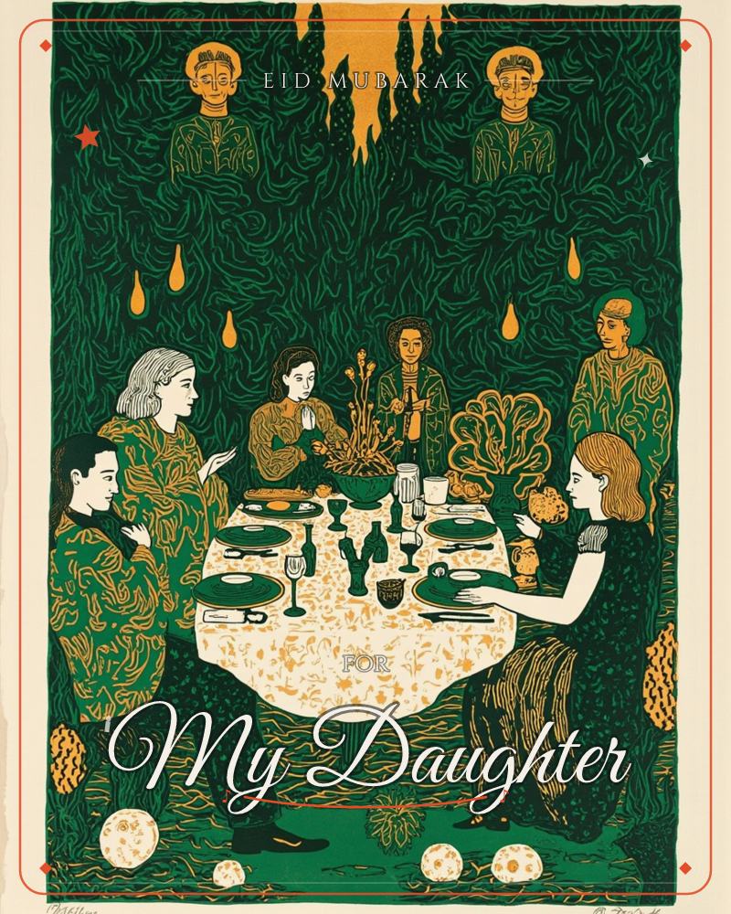 A group of six people gather around a round table set with plates, glasses and a patterned cloth, deep in a densely patterned forest rendered entirely…, a eid e-card design