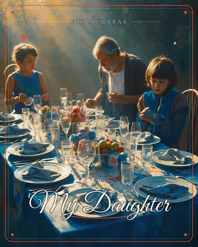 A man and two children gather around a long table set with blue linens, white plates, folded napkins, and glasses of water, with a bowl of fruit and…, a eid e-card design