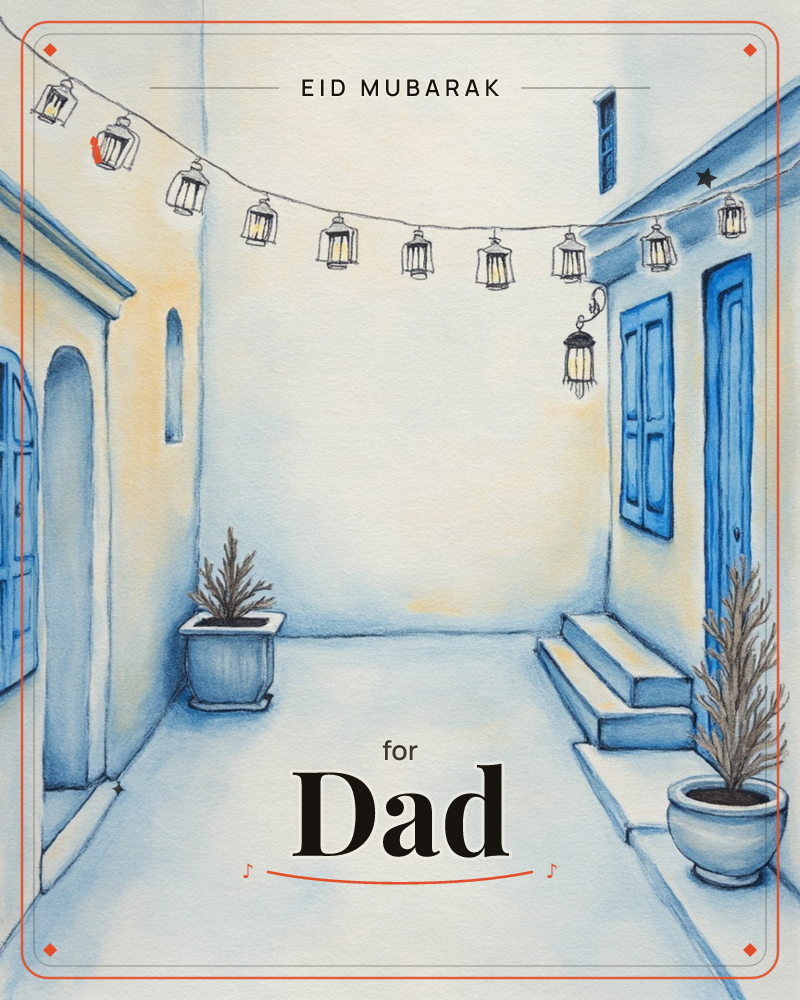 A quiet whitewashed alleyway, painted in the style of a Greek island village, glows softly at dusk with a string of lantern lights strung between the…, a eid e-card design