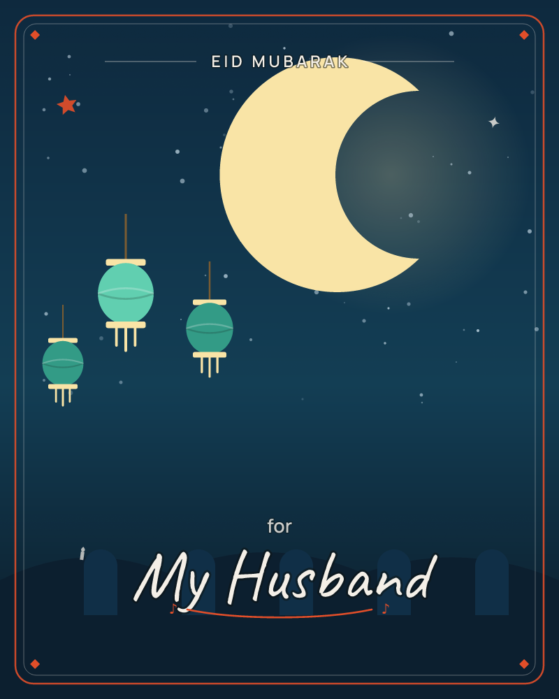 A pale crescent moon over a quiet skyline, with small teal lanterns hanging in the foreground and a scatter of stars, a eid e-card design