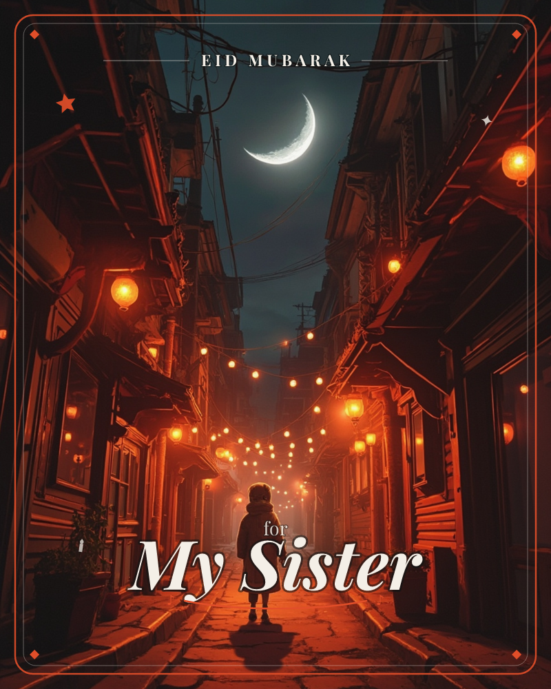 A child in a hooded coat stands alone in a narrow cobbled alley, gazing up at a huge crescent moon hanging over the rooftops, a eid e-card design