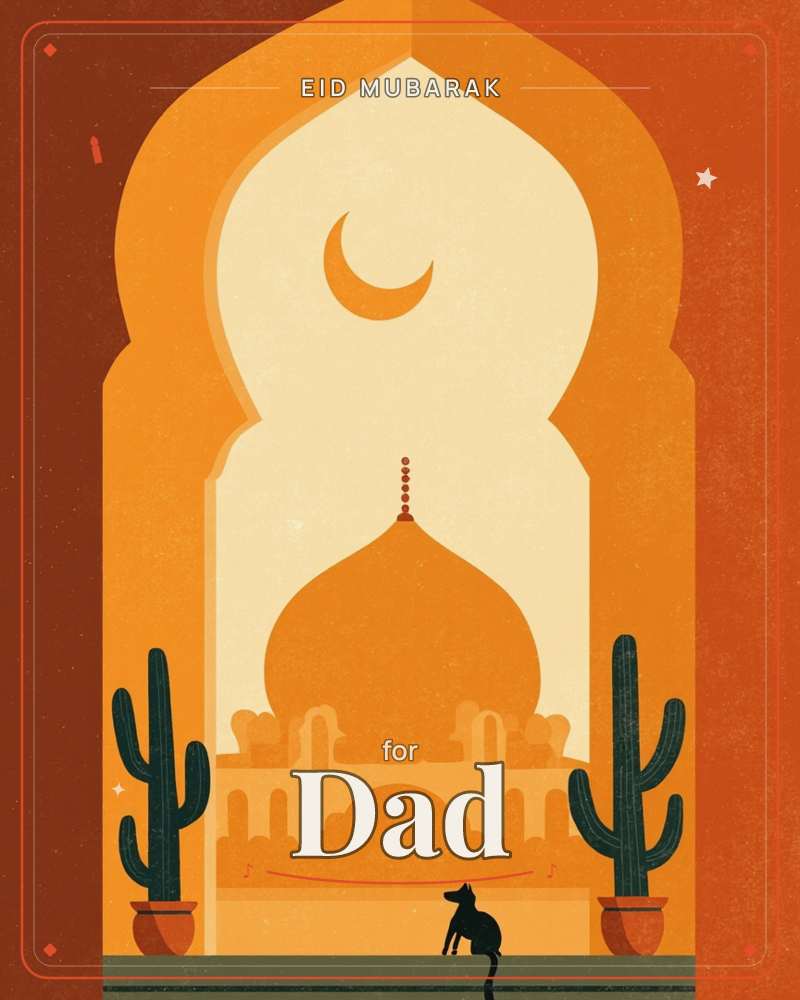 A pointed archway frames a domed palace glowing in warm desert light, with a slim crescent moon hanging above its spire, a eid e-card design