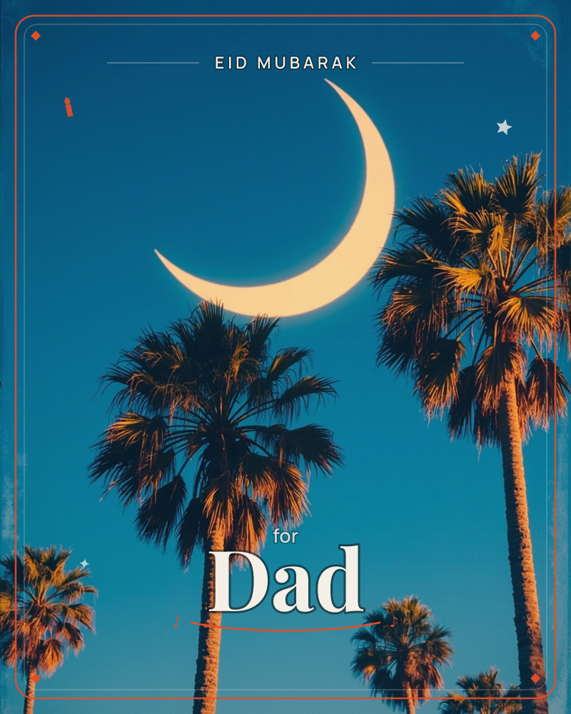 An oversized crescent moon glows pale gold against a deep teal evening sky, framed by a row of tall palm trees with sunset-tinted fronds, a eid e-card design