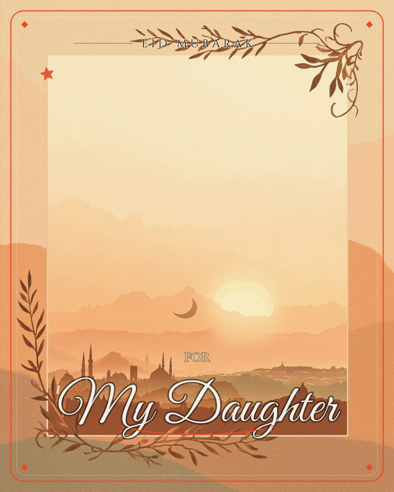 A hazy desert skyline glows at dusk, its minarets and domes silhouetted against a warm sun sinking beside a slender crescent moon, a eid e-card design